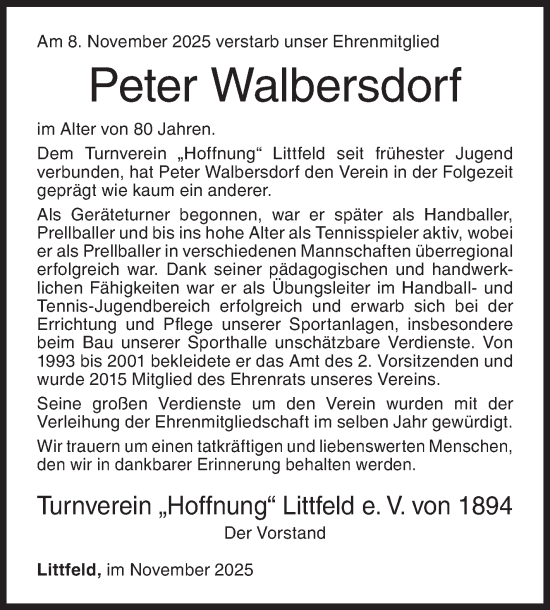 Traueranzeige von Peter Walbersdorf von Siegener Zeitung