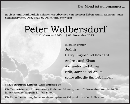 Traueranzeige von Peter Walbersdorf von Siegener Zeitung