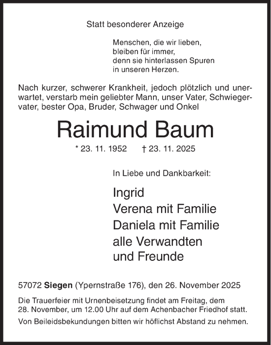 Traueranzeige von Raimund Baum von Siegener Zeitung