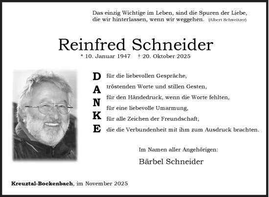 Traueranzeige von Reinfred Schneider von Siegener Zeitung