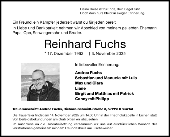 Traueranzeige von Reinhard Fuchs von Siegener Zeitung