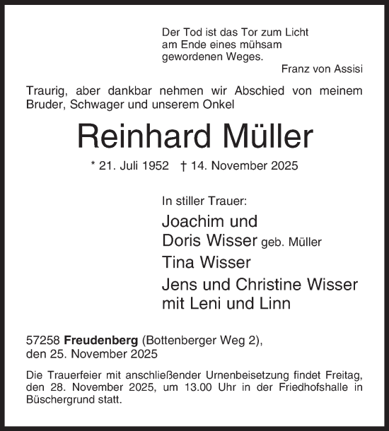 Traueranzeige von Reinhard Müller von Siegener Zeitung