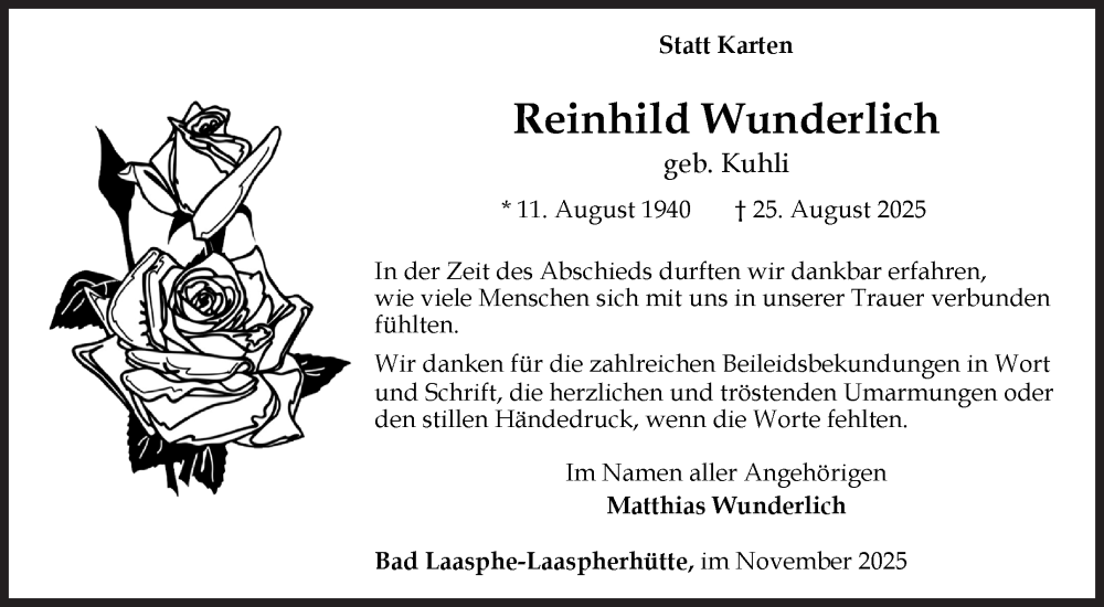  Traueranzeige für Reinhild Wunderlich vom 15.11.2025 aus Siegener Zeitung