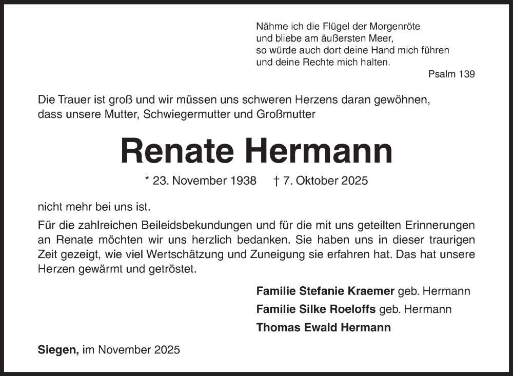  Traueranzeige für Renate Hermann vom 22.11.2025 aus Siegener Zeitung
