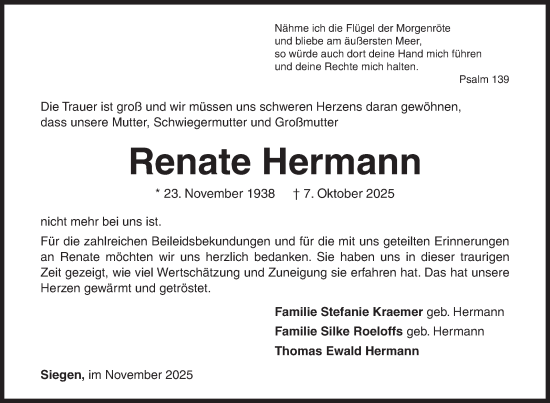 Traueranzeige von Renate Hermann von Siegener Zeitung