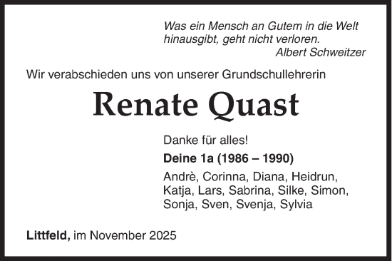 Traueranzeige von Renate Quast von Siegener Zeitung