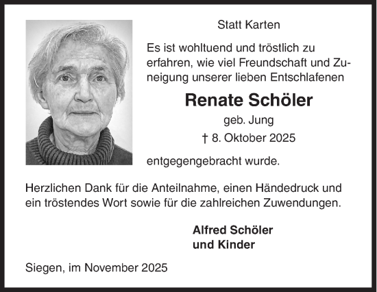 Traueranzeige von Renate Schöler von Siegener Zeitung