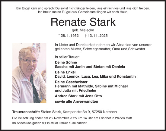Traueranzeige von Renate Stark von Siegener Zeitung
