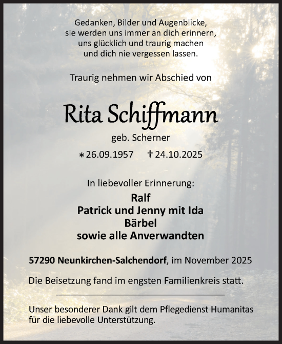 Traueranzeige von Rita Schiffmann von Siegener Zeitung