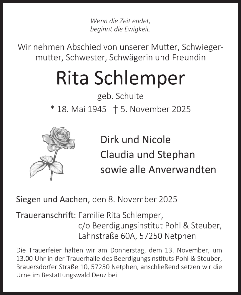  Traueranzeige für Rita Schlemper vom 08.11.2025 aus Siegener Zeitung