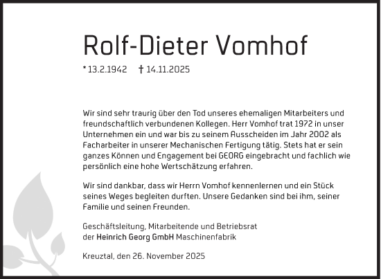 Traueranzeige von Rolf-Dieter Vomhof von Siegener Zeitung