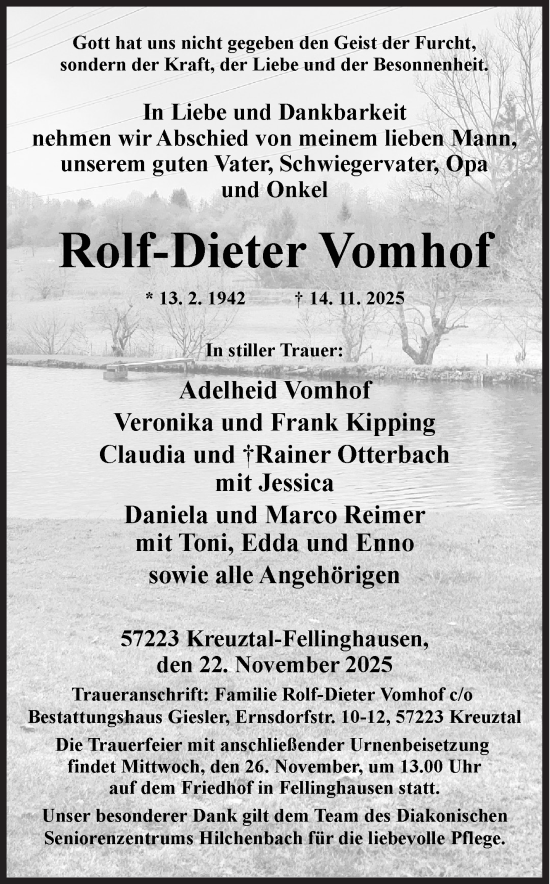Traueranzeige von Rolf-Dieter Vomhof von Siegener Zeitung