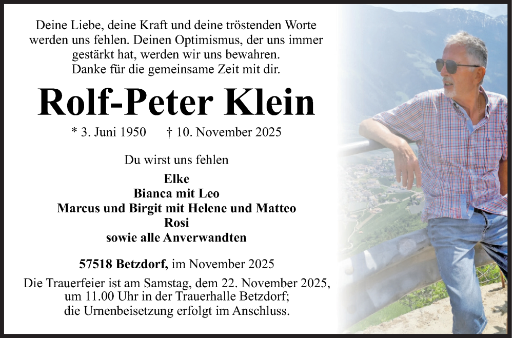  Traueranzeige für Rolf-Peter Klein vom 14.11.2025 aus Siegener Zeitung