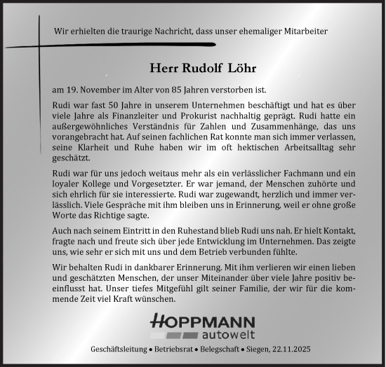Traueranzeige von Rudolf Löhr von Siegener Zeitung