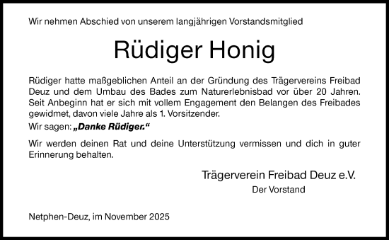 Traueranzeige von Rüdiger Honig von Siegener Zeitung