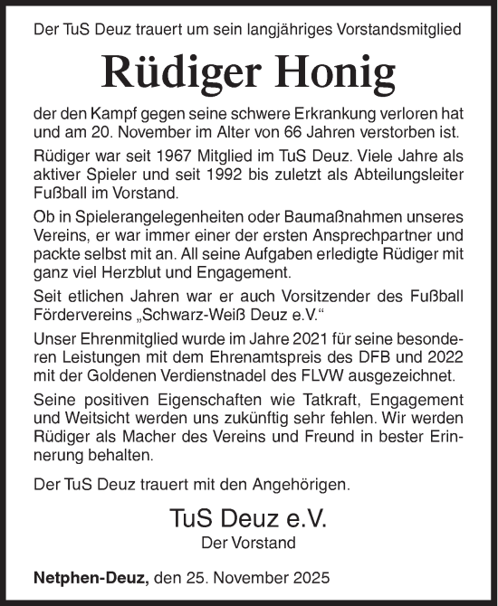 Traueranzeige von Rüdiger Honig von Siegener Zeitung