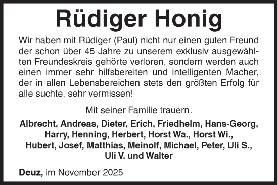 Traueranzeige von Rüdiger Honig von Siegener Zeitung