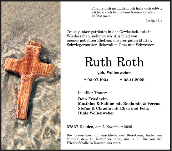 Traueranzeige von Ruth Roth von Siegener Zeitung