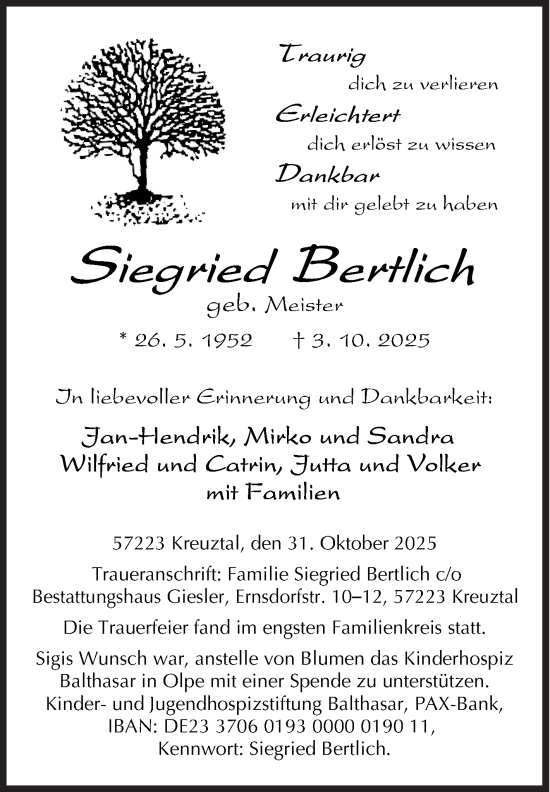 Traueranzeige von Siegried Bertlich von Siegener Zeitung