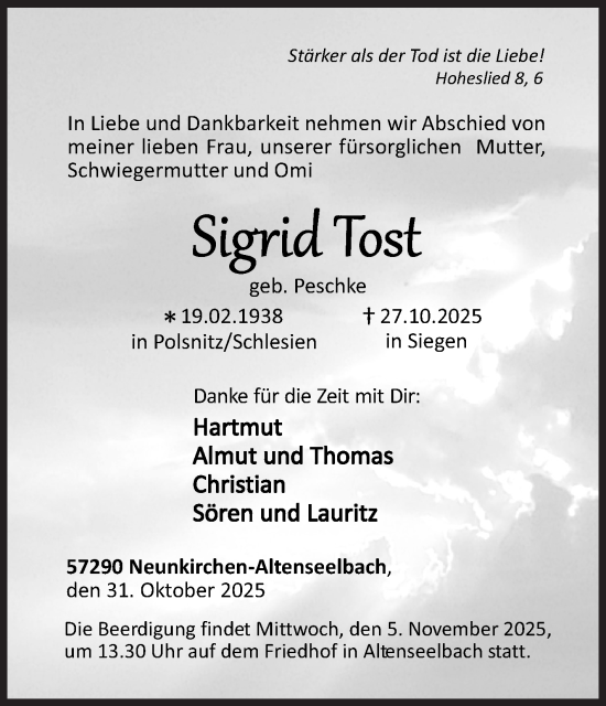 Traueranzeige von Sigrid Tost von Siegener Zeitung