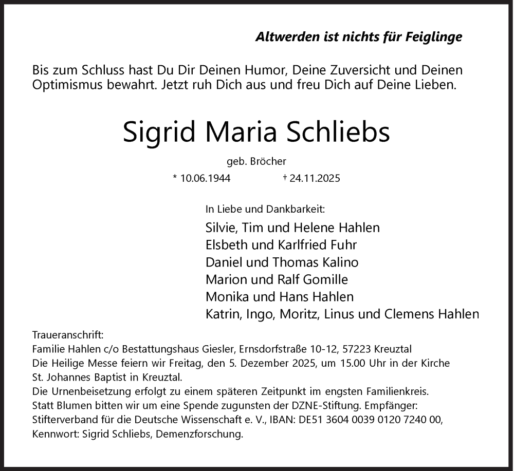  Traueranzeige für Sigrid Maria Schliebs vom 29.11.2025 aus Siegener Zeitung