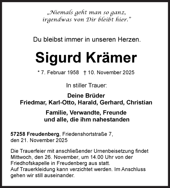 Traueranzeige von Sigurd Krämer von Siegener Zeitung