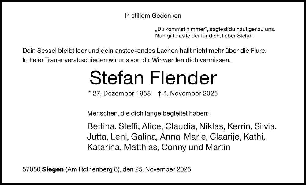  Traueranzeige für Stefan Flender vom 25.11.2025 aus Siegener Zeitung