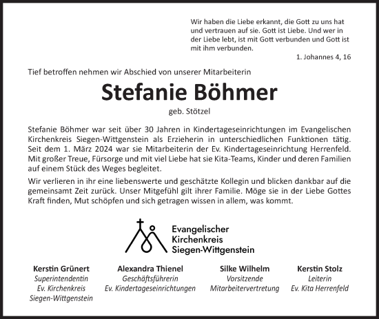 Traueranzeige von Stefanie Böhmer von Siegener Zeitung