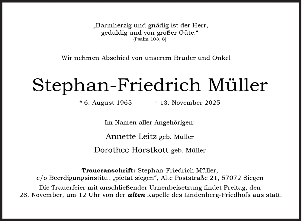  Traueranzeige für Stephan-Friedrich Müller vom 22.11.2025 aus Siegener Zeitung