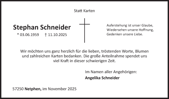 Traueranzeige von Stephan Schneider von Siegener Zeitung
