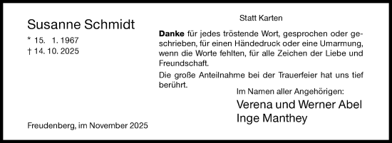 Traueranzeige von Susanne Schmidt von Siegener Zeitung