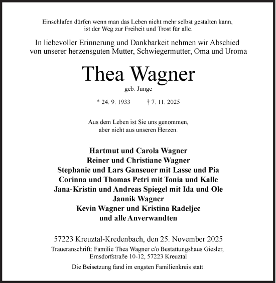 Traueranzeige von Thea Wagner von Siegener Zeitung