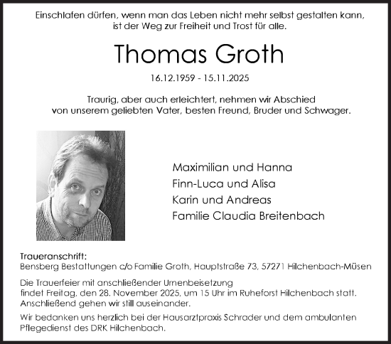Traueranzeige von Thomas Groth von Siegener Zeitung