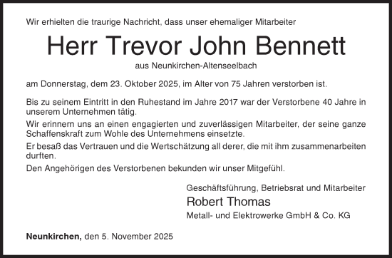 Traueranzeige von Trevor John Bennett von Siegener Zeitung