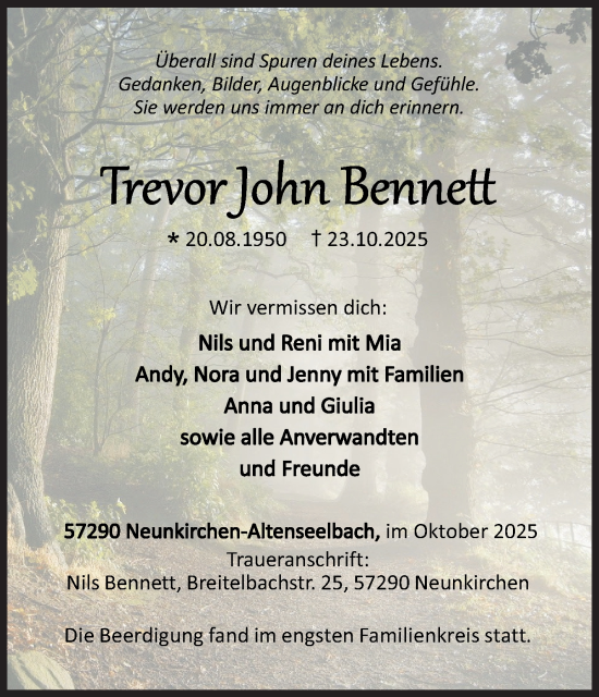Traueranzeige von Trevor John Bennett von Siegener Zeitung