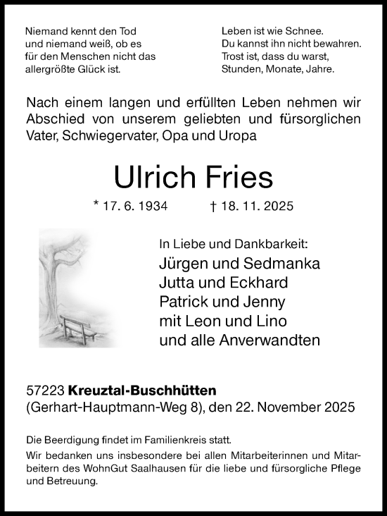 Traueranzeige von Ulrich Fries von Siegener Zeitung