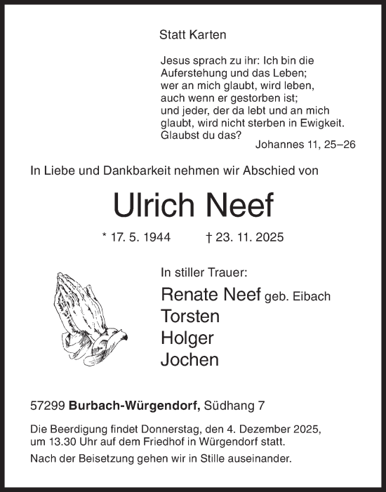 Traueranzeige von Ulrich Neef von Siegener Zeitung