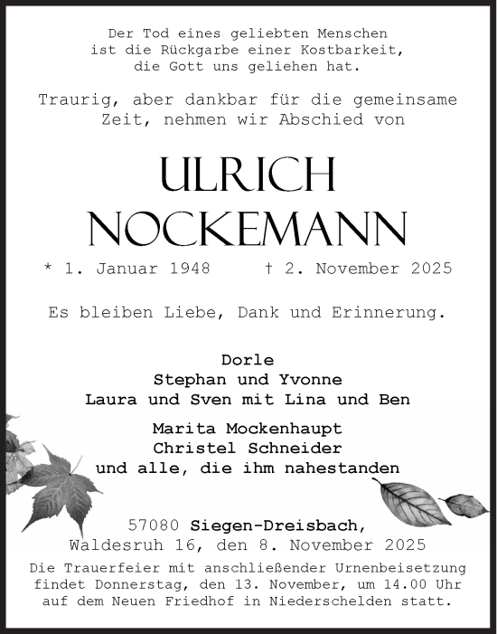 Traueranzeige von Ulrich Nockemann von Siegener Zeitung
