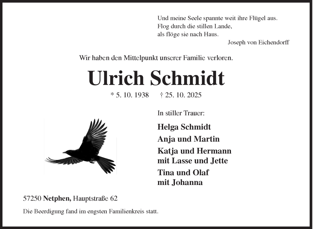  Traueranzeige für Ulrich Schmidt vom 31.10.2025 aus Siegener Zeitung