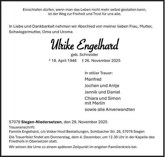 Traueranzeige von Ulrike Engelhard von Siegener Zeitung