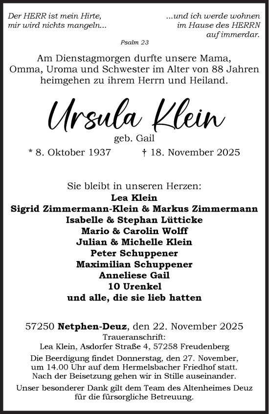 Traueranzeige von Ursula Klein von Siegener Zeitung