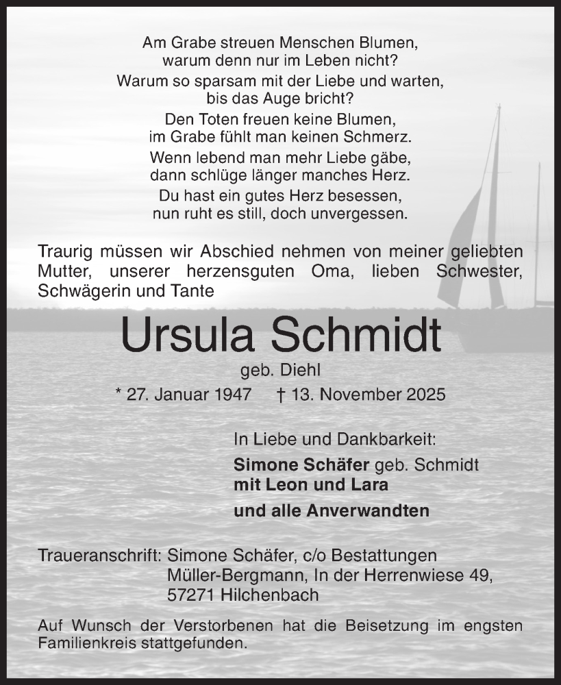  Traueranzeige für Ursula Schmidt vom 29.11.2025 aus Siegener Zeitung
