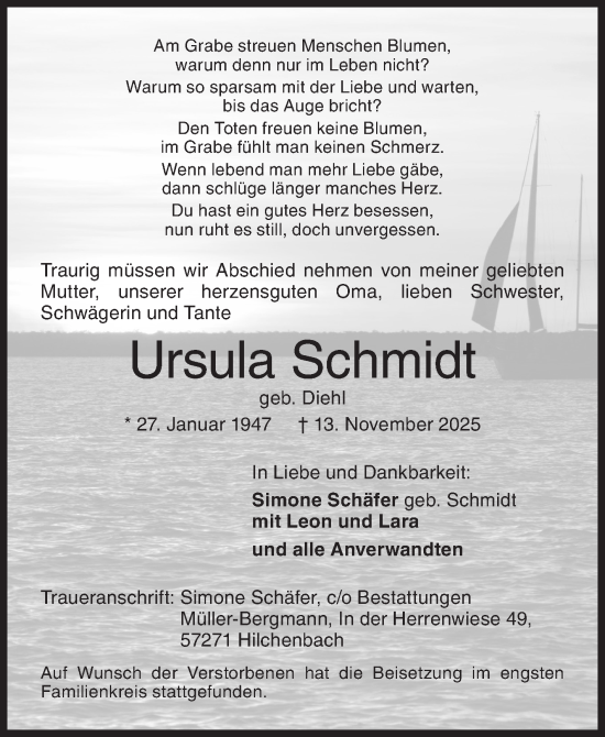 Traueranzeige von Ursula Schmidt von Siegener Zeitung