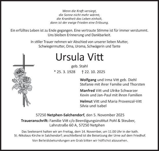 Traueranzeige von Ursula Vitt von Siegener Zeitung