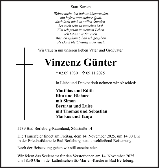 Traueranzeige von Vinzenz Günter von Siegener Zeitung