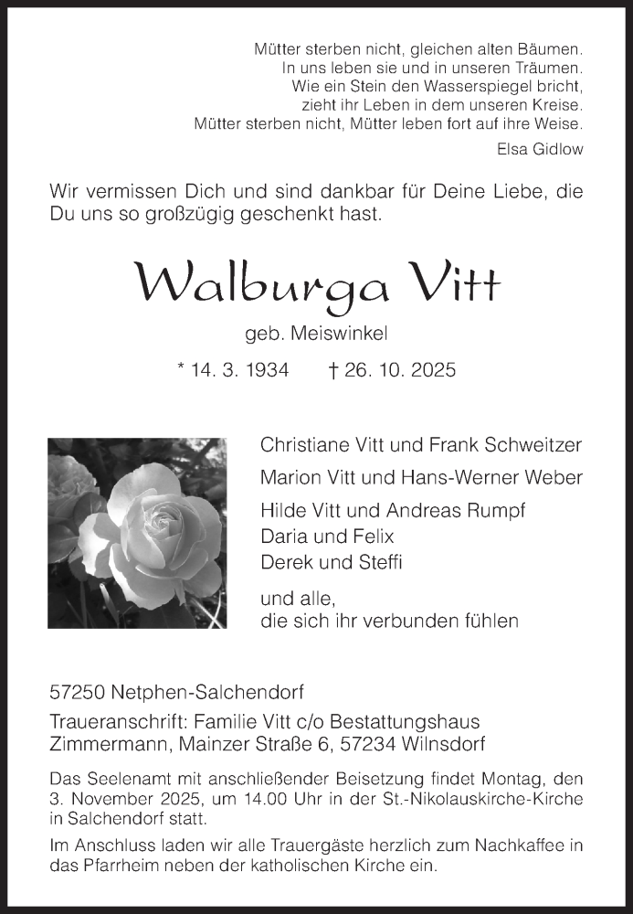  Traueranzeige für Walburga Vitt vom 30.10.2025 aus Siegener Zeitung