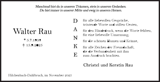 Traueranzeige von Walter Rau von Siegener Zeitung