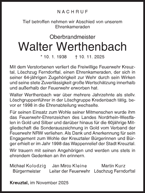 Traueranzeige von Walter Werthenbach von Siegener Zeitung