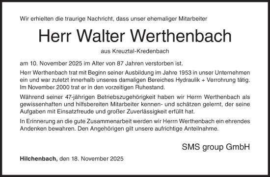 Traueranzeige von Walter Werthenbach von Siegener Zeitung