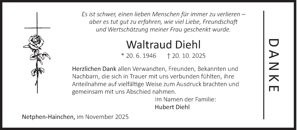  Traueranzeige für Waltraud Diehl vom 28.11.2025 aus Siegener Zeitung